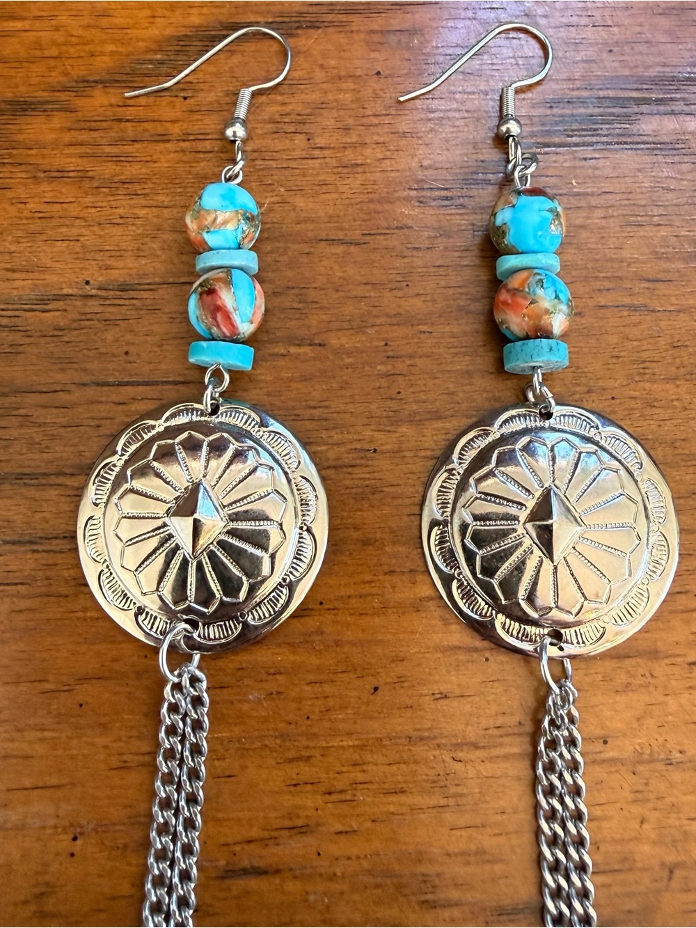 Handmade Silver Concho Earrings With Genuine Turquoise - Picture 2 of 4